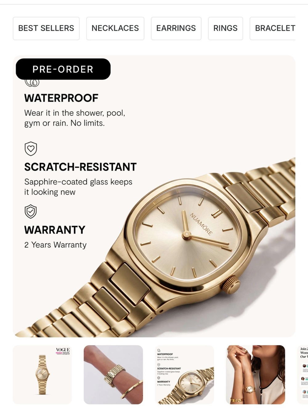 Nuamōre Waterproof Gold Women's Watch - Classic Round Dial with date window - Picture 3 of 3